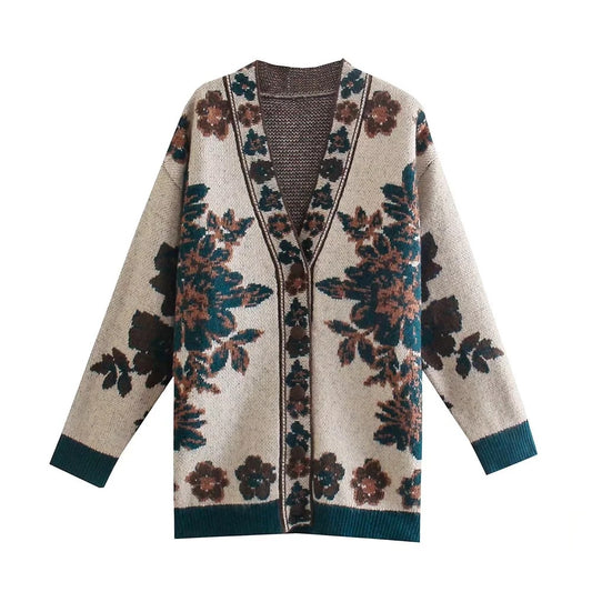 Cardigan Tejido Jacquard Vintage Largo - Suéter Elegante de Punto