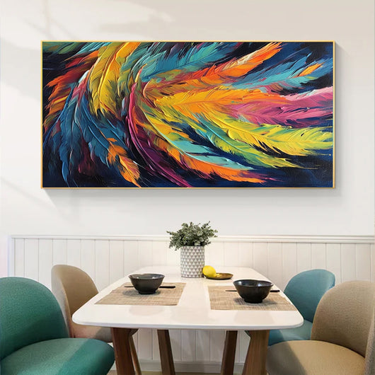 Cuadro Abstracto Hecho a Mano – Pintura al Óleo Sobre Lienzo con Diseño de Pluma Colorida - Image 2