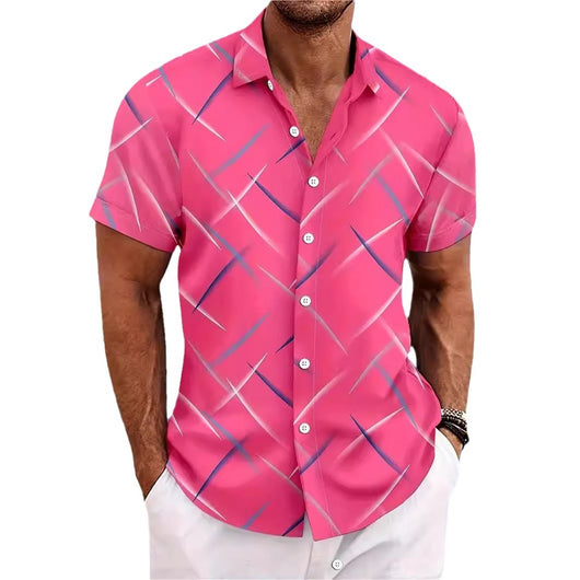 Camisa de Playa Hombre Rayas Plumas - Manga Corta Botones Casual Verano - Image 5