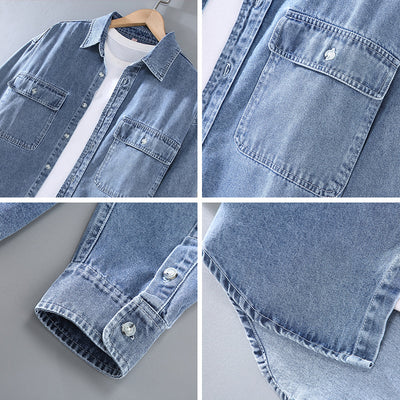 Camisa Denim Retro Vintage Lavado Doble para Hombre - Manga Larga Tono Claro - Image 3