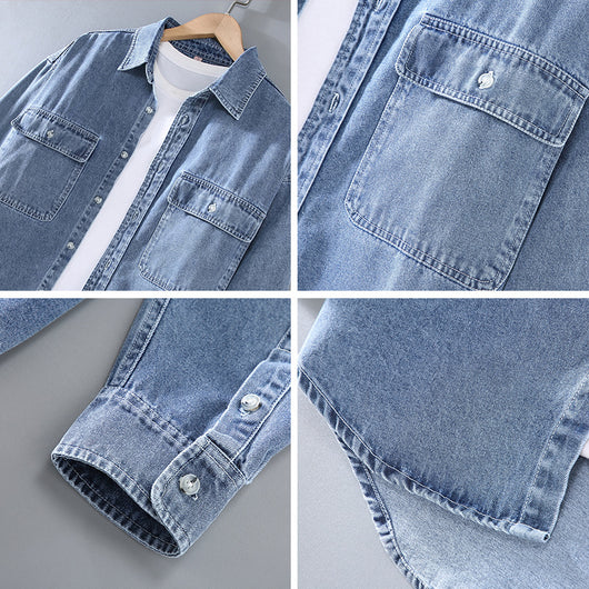 Camisa Denim Retro Vintage Lavado Doble para Hombre - Manga Larga Tono Claro - Image 3