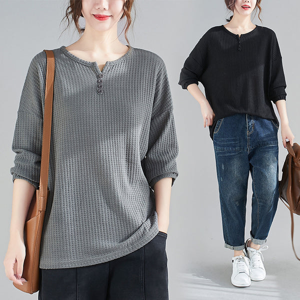 Blusa Suelta y Entallada Talla Grande Cuello Redondo Color Liso