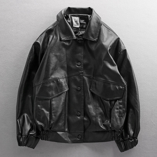 Chaqueta de Cuero Biker Oversized Estilo Urbano Europeo y Americano