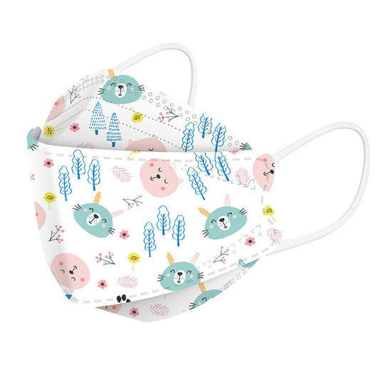 White children's KN95 mask with a cute cartoon pattern of blue bunnies, pink bears, trees, and flowers. - Image 20