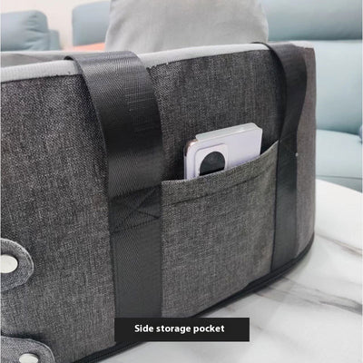 Dark gray portable pet car bed with white paw print and bone patterns, soft gray interior, and black straps. - Image 10