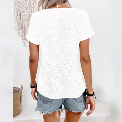 Blusa Elegante Escote V con Detalles Calados Manga Corta - Image 2