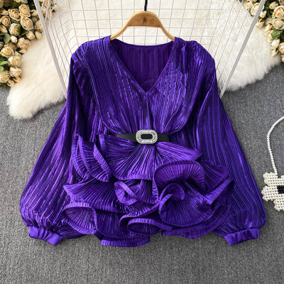 Blusa Suelta con Cuello V, Mangas Largas y Volantes en Bajo - Image 5