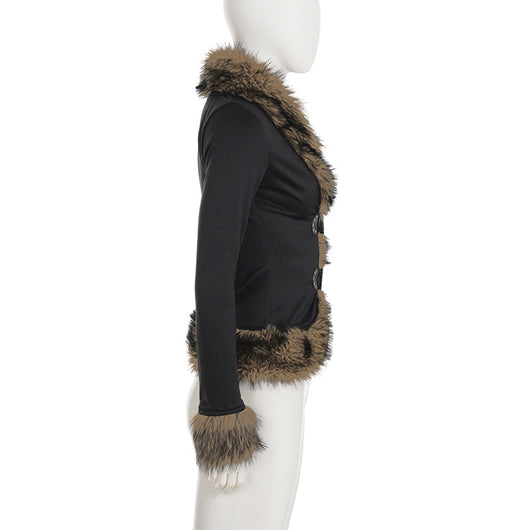 Cardigan Retro Patchwork Fuzzy con Cintura Ajustada y Botones de Cuero - Image 8