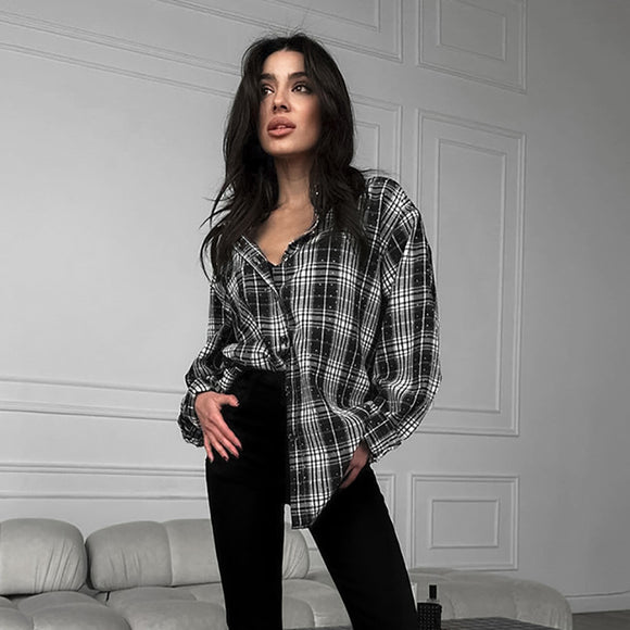 Camisa Cuadriculada Retro Negro y Blanco con Cristales Adhesivos Fashion