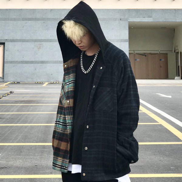 Sudadera Cardigan Cuadros con Capucha Oversize Estilo Europeo