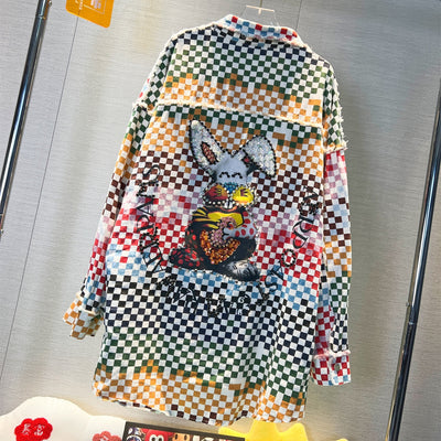 Camisa Denim a Cuadros con Estampado de Dibujos Animados para Mujer - Image 8
