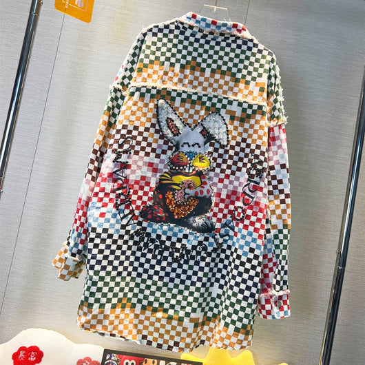 Camisa Denim a Cuadros con Estampado de Dibujos Animados para Mujer - Image 8