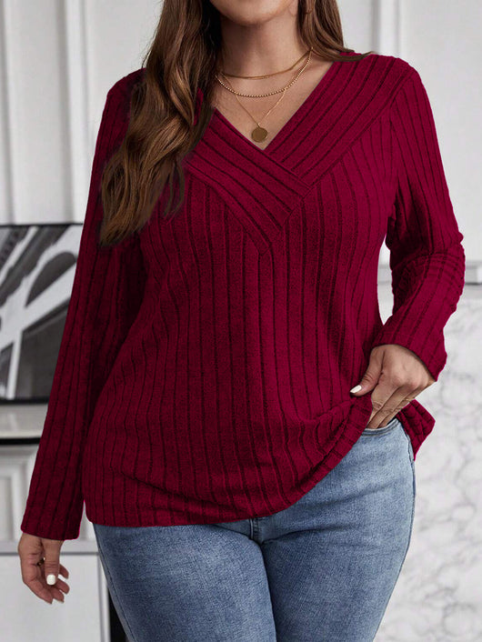 Suéter Tipo Polera Plus Size Cuello V Cruzado Manga Larga Textura Acanalada - Image 7