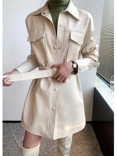 Abrigo de Cuero Blanco Retro con Blusa Entallada Midi para Mujer - Image 3