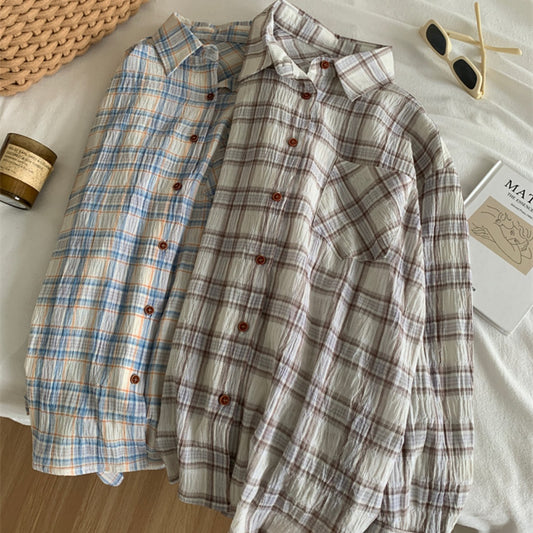 Camisa Cuadriculada de Algodón Retro Lavado Artístico para Mujer