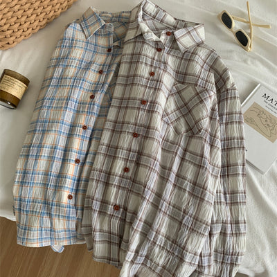 Camisa Cuadriculada de Algodón Retro Lavado Artístico para Mujer