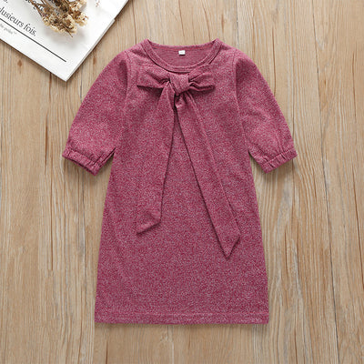 Vestido de Manga Larga con Lazo para Bebé en Color Sólido