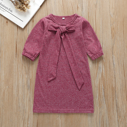 Vestido de Manga Larga con Lazo para Bebé en Color Sólido
