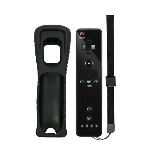 Black Wii wireless gamepad with a matching silicone protective case and wrist strap on a white background. - Image 15