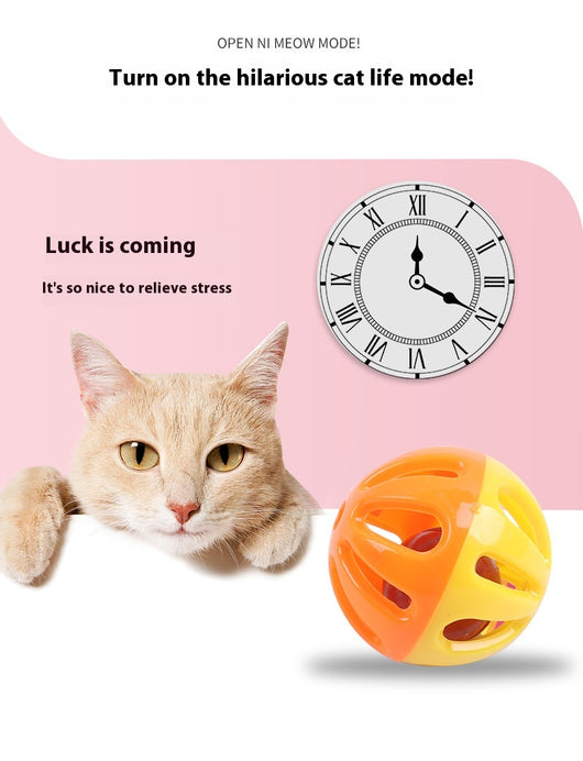 Five colorful plastic pet bell balls in red, yellow/orange, lime green, and hot pink, with hollow designs. - Image 16