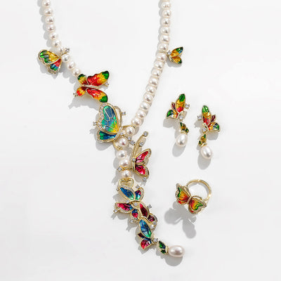 Conjunto de Tres Piezas: Collar, Anillo y Aretes de Perla de Agua Dulce con Diseño de Mariposa - Image 6
