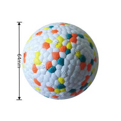 White pet toy ball with textured surface and colorful orange, yellow, and teal hexagonal patterns, 64mm diameter. - Image 7