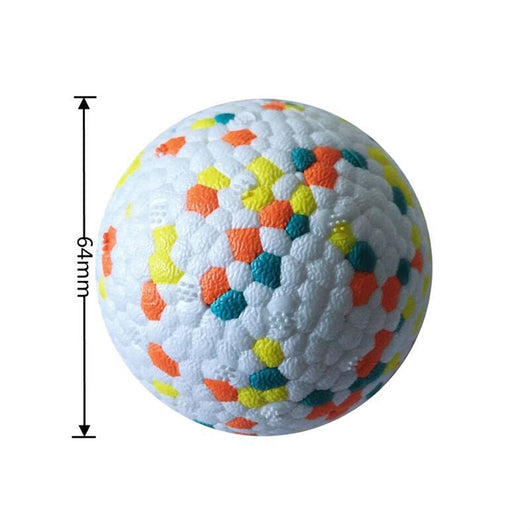 White pet toy ball with textured surface and colorful orange, yellow, and teal hexagonal patterns, 64mm diameter. - Image 7