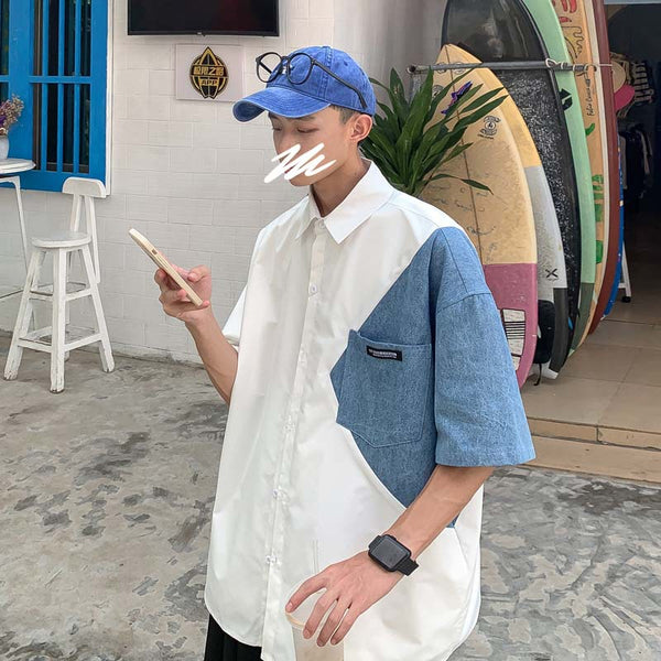 Camisa Holgada de Mezclilla con Costuras Decorativas para Hombre