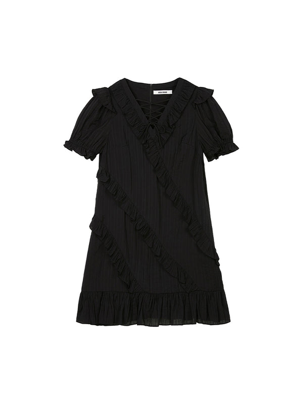 Vestido Negro Elegante con Lazos y Volantes - Image 5