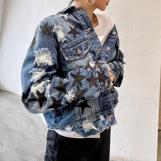 Chaqueta Denim Desgarrada con Solapa Estrella para Mujer - Image 9