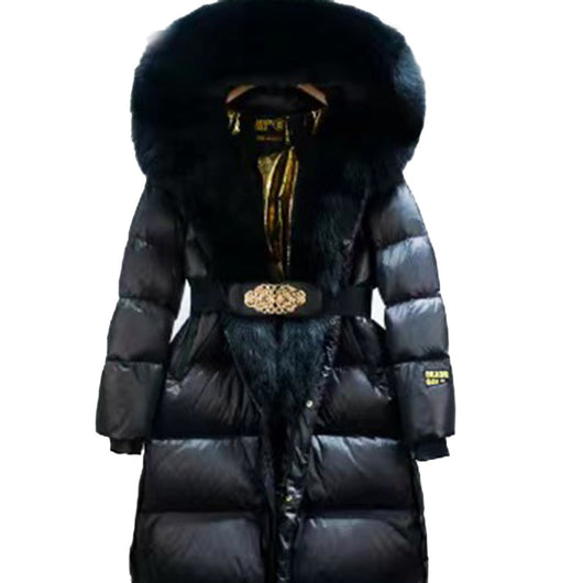 Chaqueta de Pato con Plumón y Cuello de Zorro Real - Abrigo Cálido Dorado Negro - Image 4