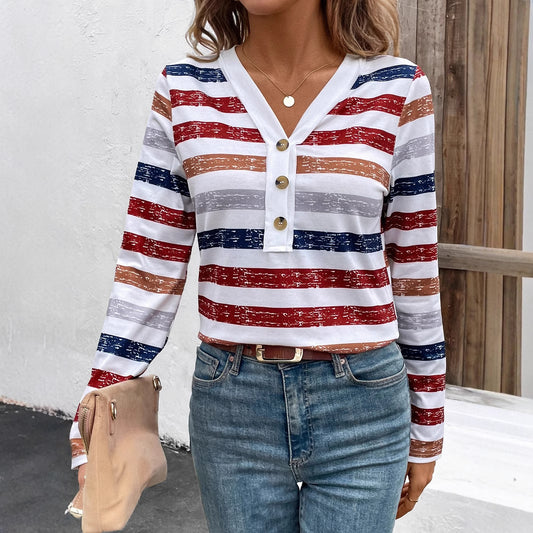 Blusa Mujer Rayas Cuello V Manga Larga con Detalles de Cierre