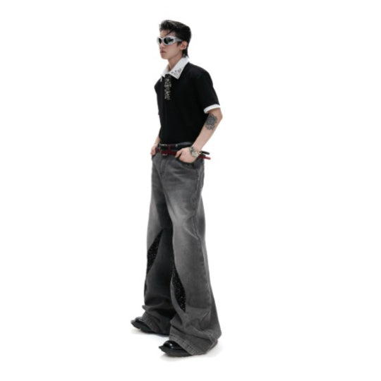 Pantalones Vaqueros Rectos Casual con Detalles Desgastados y Lentejuelas para Hombre