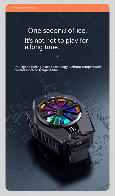 Black mobile phone cooling fan with colorful LED lights attached to the back of a silver smartphone. - Image 4