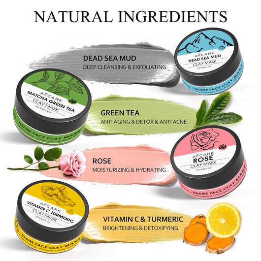 Pack 4 Mascarillas Faciales - Arcilla Verde, Té Verde, Cúrcuma y Rosa