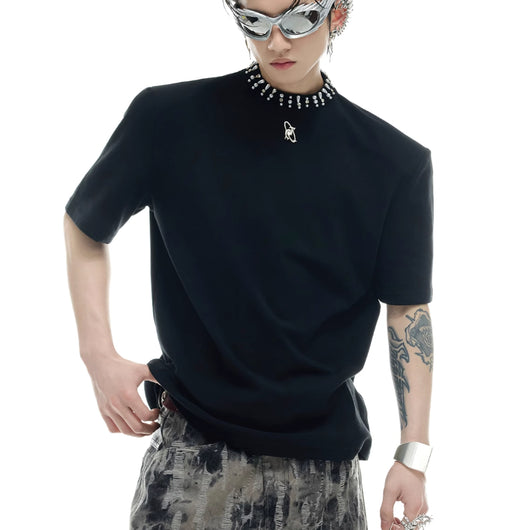 Blusa Modal con Cuello de Perlas y Strass - Manga Corta