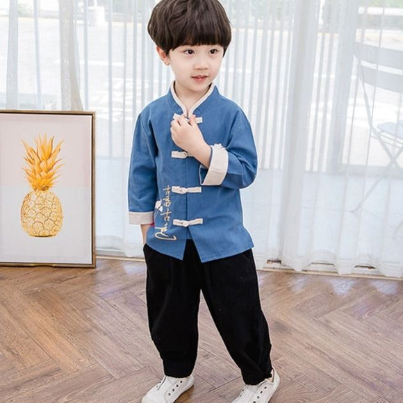 Túnica Hanfu Infantil de Algodón y Lino - Manga Larga Primavera Otoño