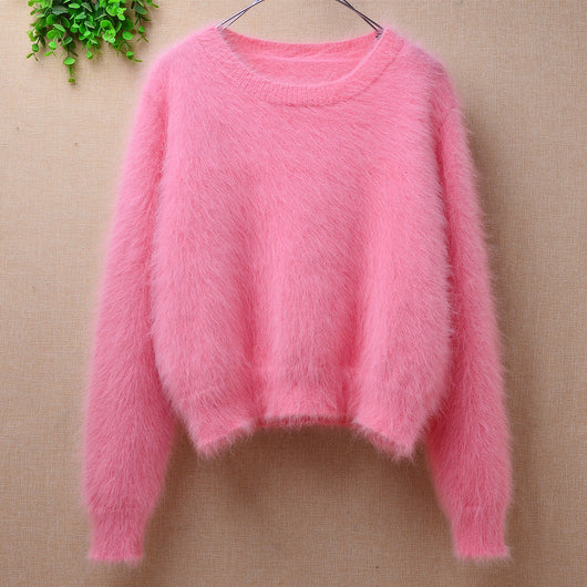 Suéter Holgado de Terciopelo Mink con Cuello Redondo y Mangas Linterna para Mujer - Image 5