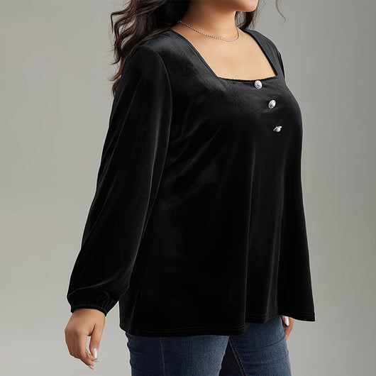 Blusa de Terciopelo Cuello Cuadrado Manga Larga Elegante y Suelta - Image 4