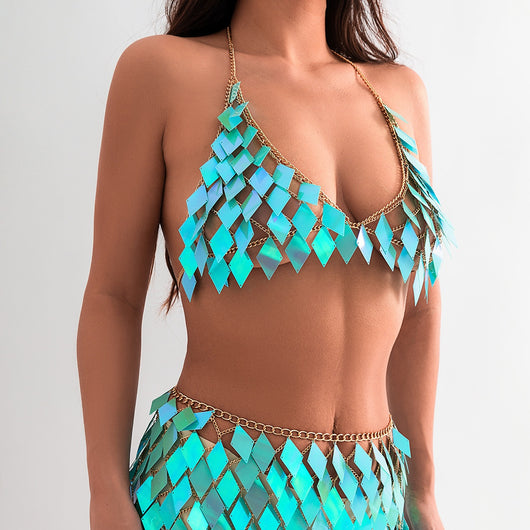 Woman wearing a gold-tone body chain top with iridescent pink and orange diamond-shaped sequins, perfect for beach or festival. - Image 54