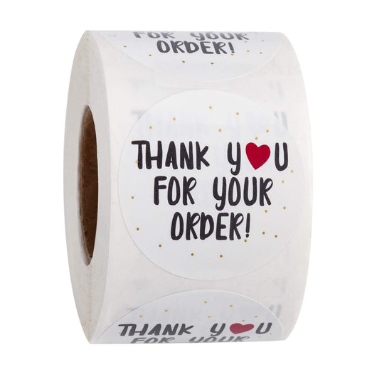 Roll of white round thank you stickers with black text, a red heart, and gold dots for orders. - Image 3