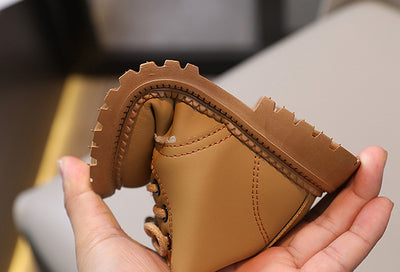 Black children's fashion Martin boots with laces and a side zipper, featuring a thick rubber sole. - Image 31