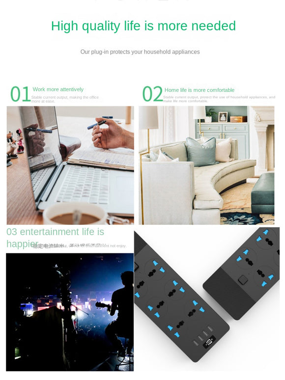 Regleta de Potencia 3000W con 4 Puertos USB y 6 Tomas de Corriente