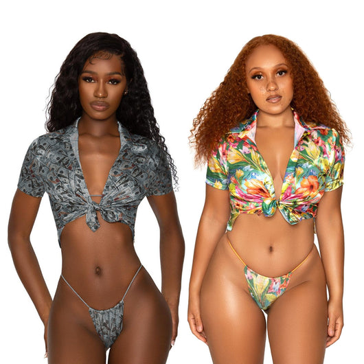Bikini de Tres Piezas con Estampado Floral Dólar Manga Corta para Mujer - Image 5