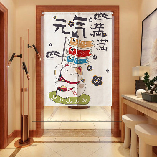 Red fabric door curtain with white polka dots and a repeating pattern of a lucky cat holding a gold coin, surrounded by flowers. - Image 2
