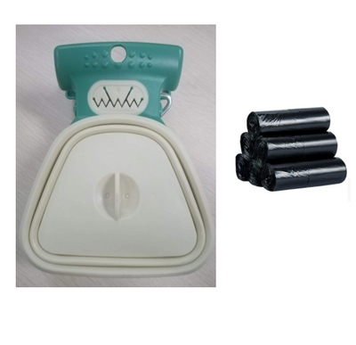 Blue and black foldable pet poop bag dispenser with an integrated scoop, ideal for travel and outdoor use. - Image 18
