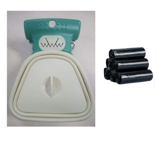 Blue and black foldable pet poop bag dispenser with an integrated scoop, ideal for travel and outdoor use. - Image 18