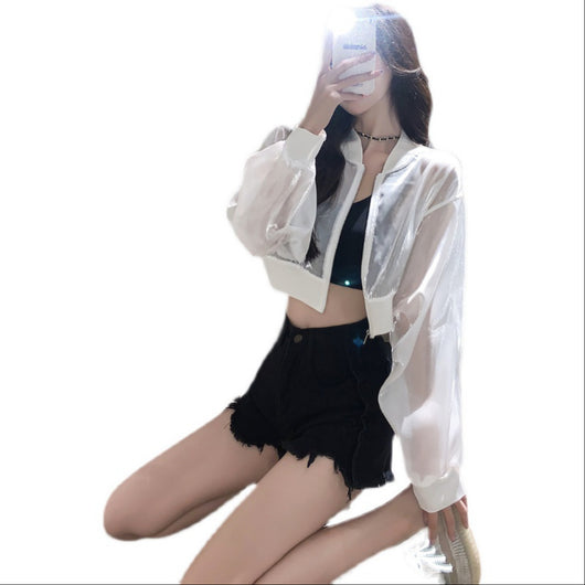 Camisa Protección Solar Ligera con Cierre, Textura Brillante Seda y Rayas Corta - Image 5
