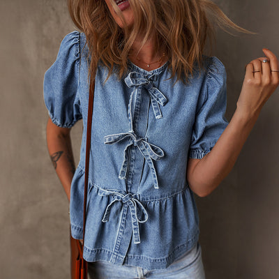 Blusa Elegante con Detalle de Moño y Fruncido