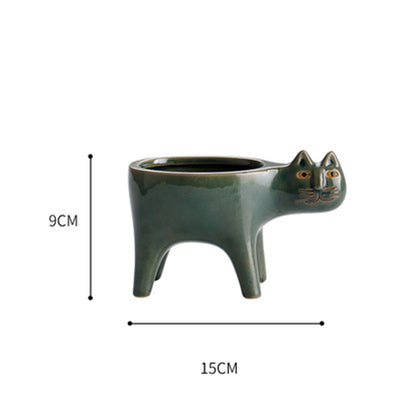 Maceta Decorativa de Cerámica con Diseño de Gato y Cactus - Image 7